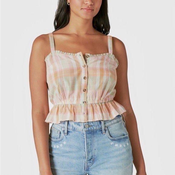 Lucky Brand Peach Plaid Print Ruffled Button Front Cotton Tank Top Size XL NWT - Picture 1 of 15